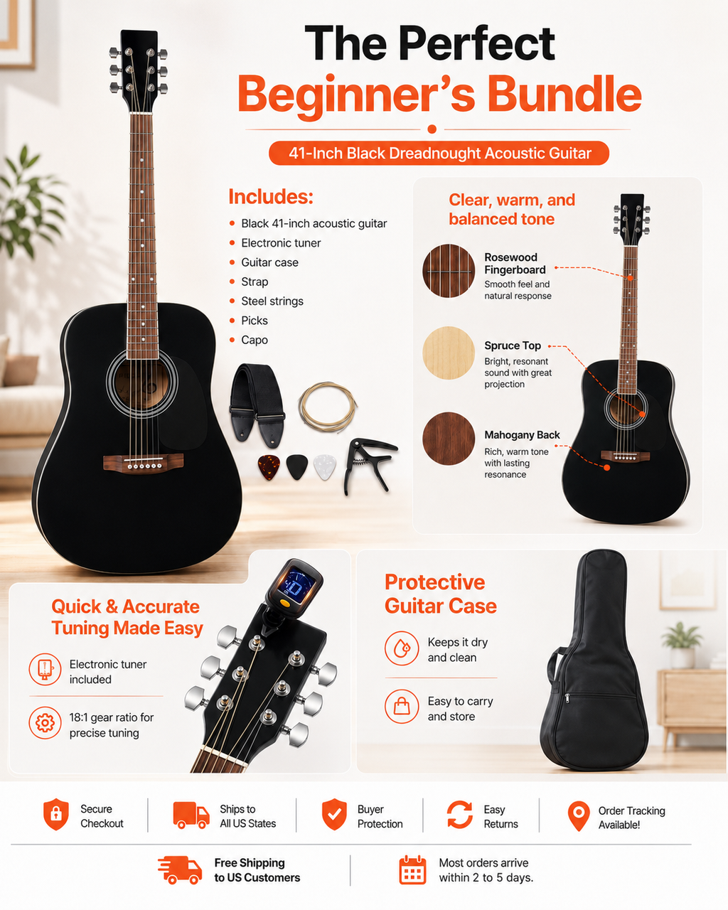 Black Dreadnought Acoustic Guitar Starter Bundle