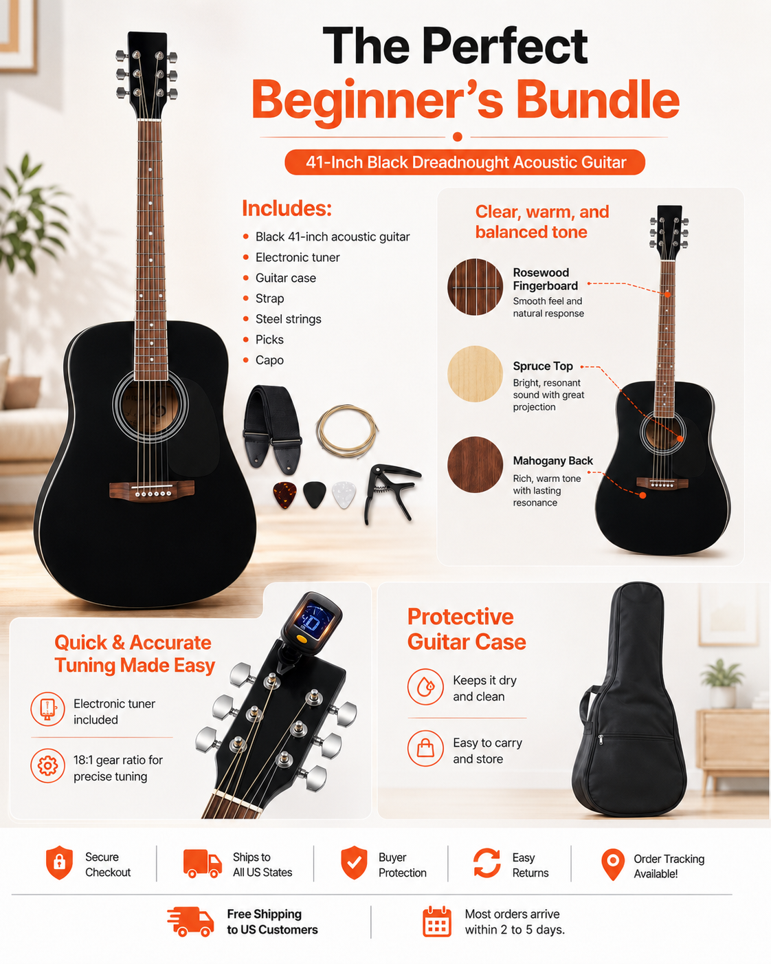 Black Dreadnought Acoustic Guitar Starter Bundle
