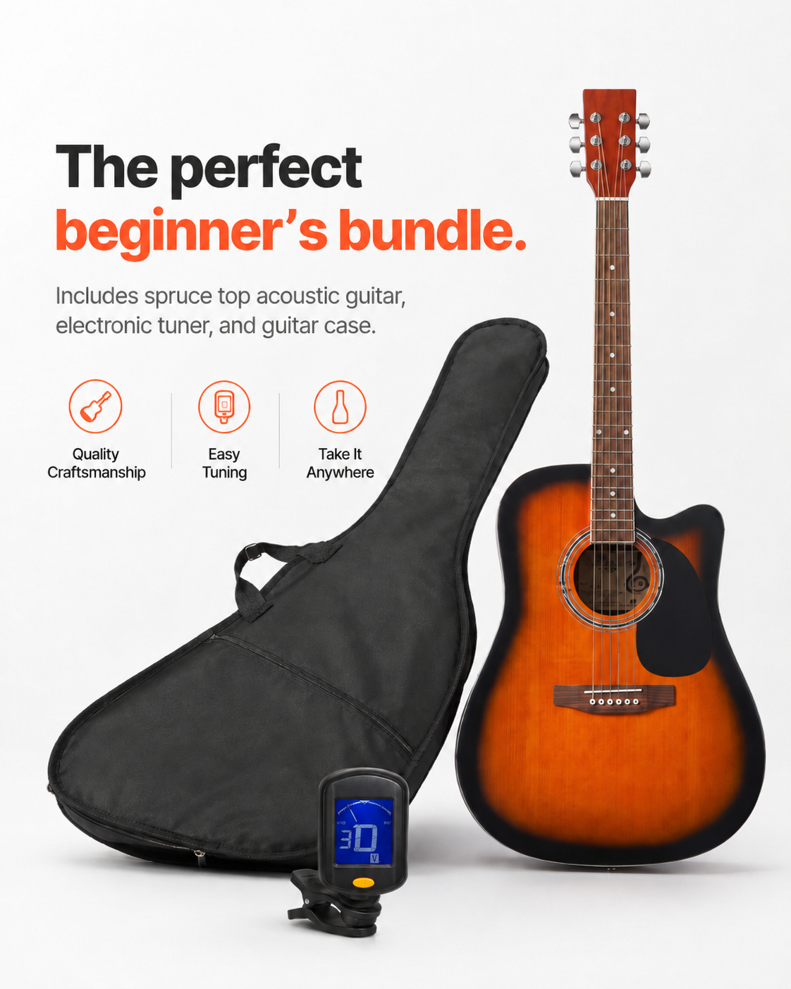 Sunburst Cutaway Acoustic Guitar Starter Bundle
