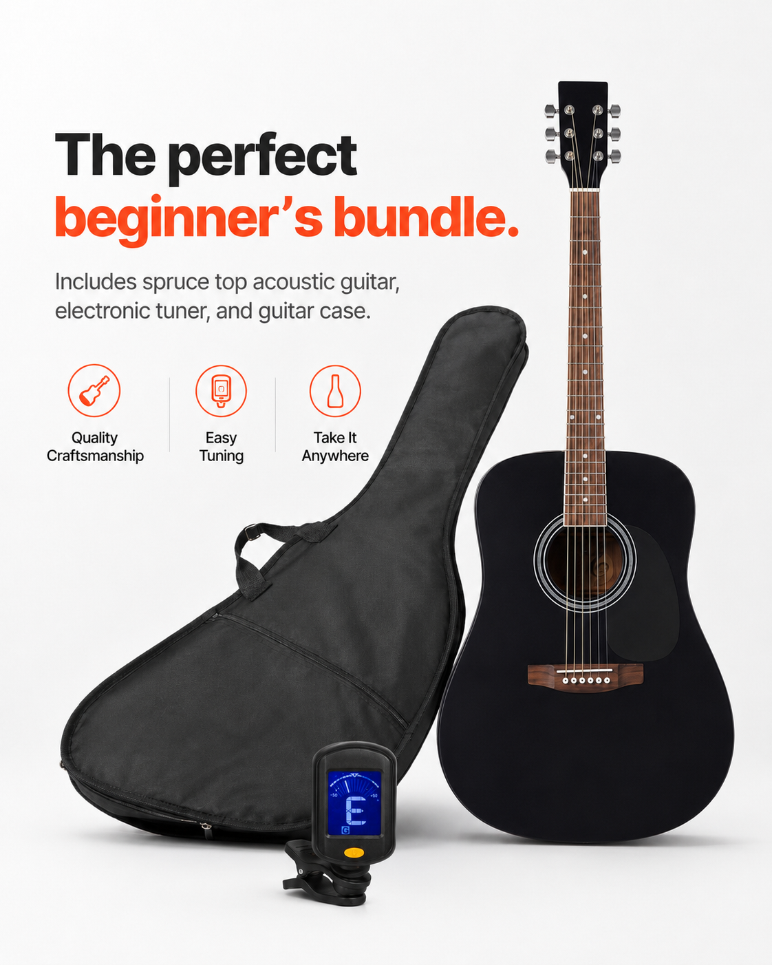 Black Dreadnought Acoustic Guitar Starter Bundle