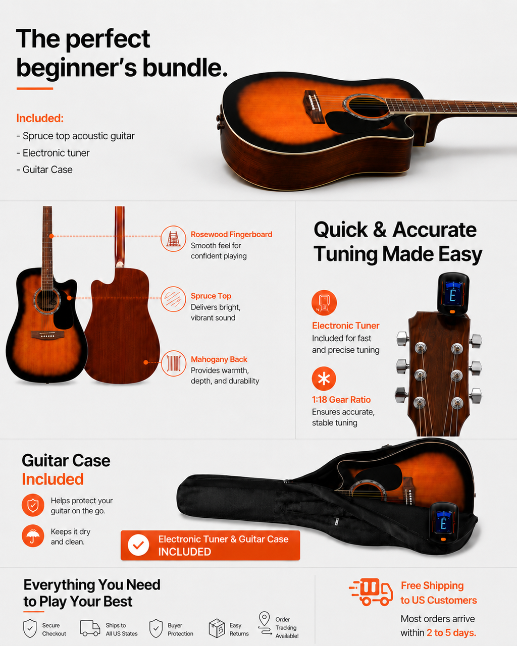 Sunburst Cutaway Acoustic Guitar Starter Bundle